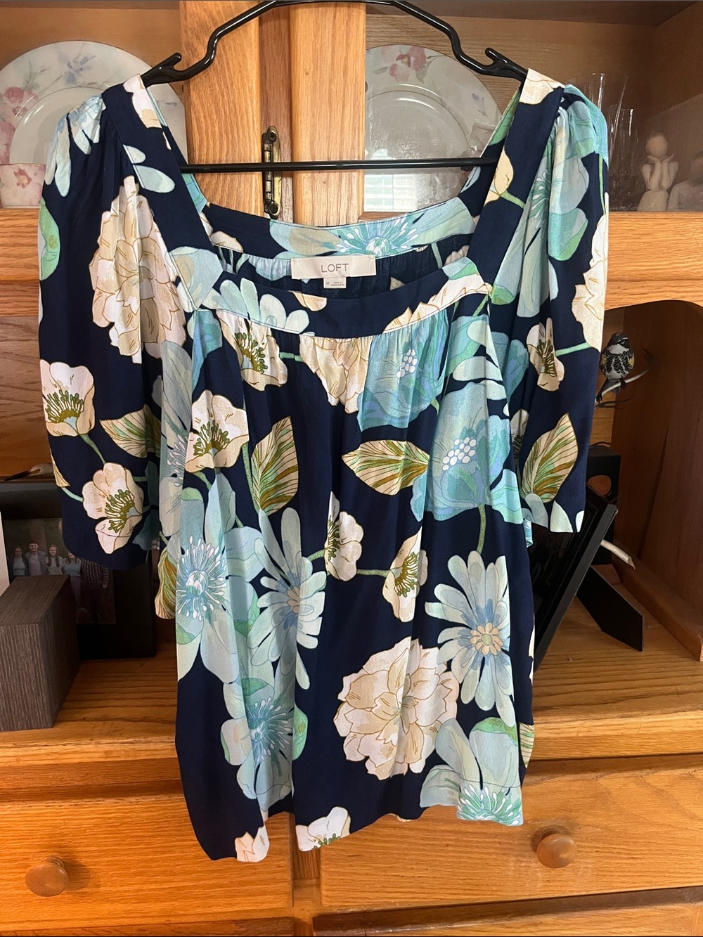 LOFT Navy Floral Square-Neck Blouse with Mint and Cream Blooms